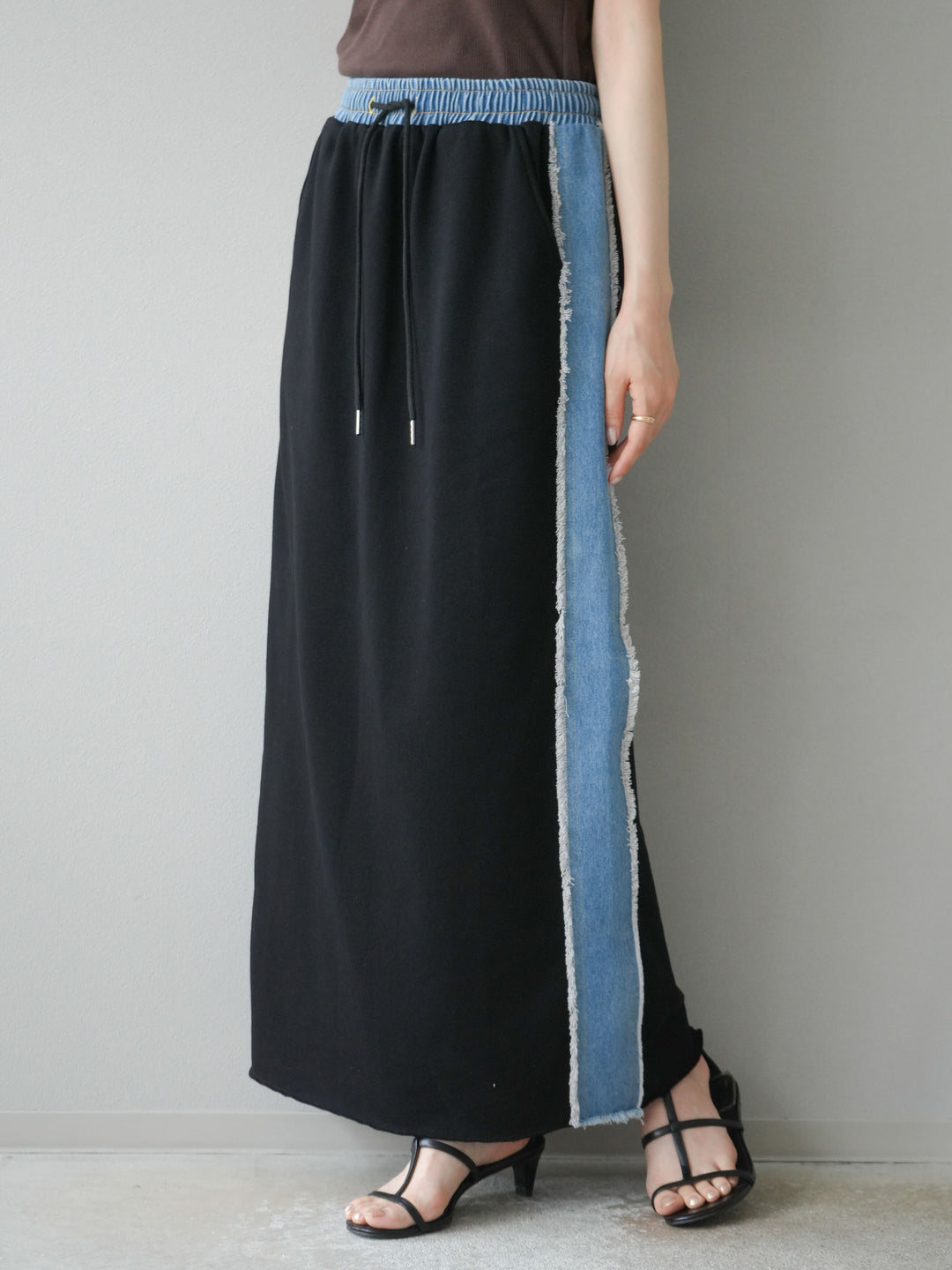 [予約]デニムドッキングスウェットスカート/ブラック