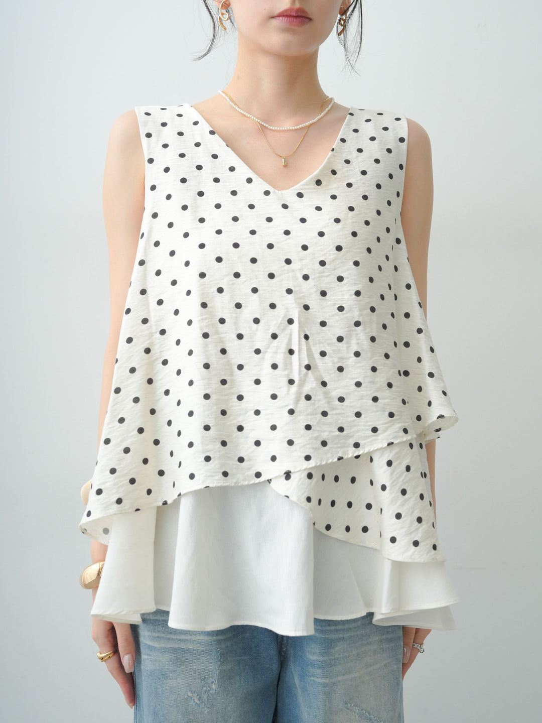 [予約]アシメントリーフリルヘムドットトップス/white