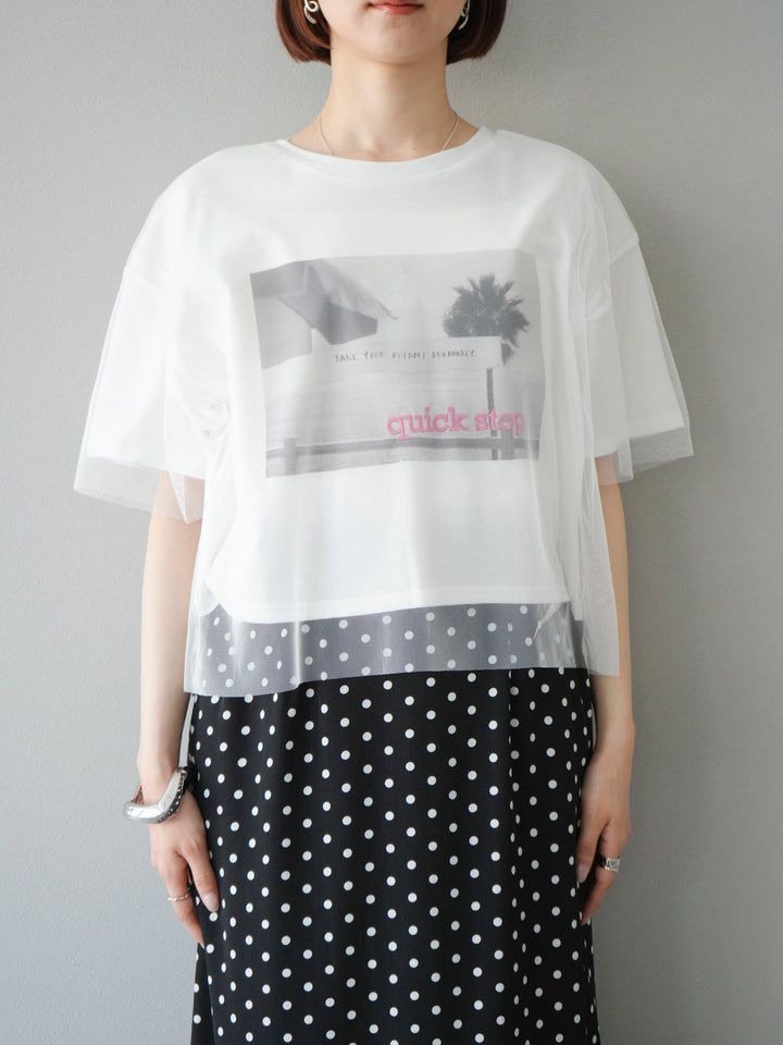 [予約]チュールドッキングフォトTシャツ/オフホワイト×ピンク