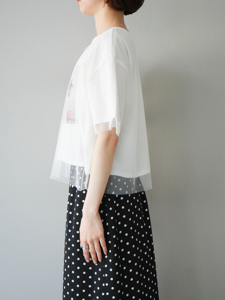 [予約]チュールドッキングフォトTシャツ/オフホワイト×ピンク