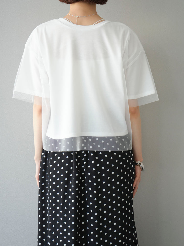[予約]チュールドッキングフォトTシャツ/オフホワイト×ピンク