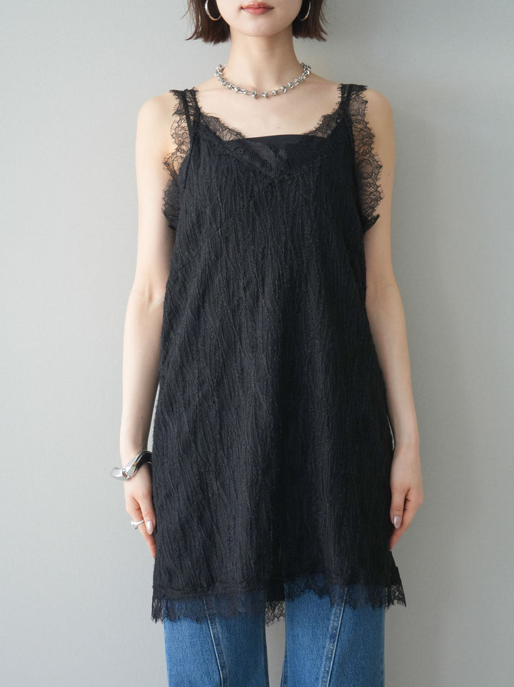 [予約]レース切替ジャガードニットロングキャミソール/black