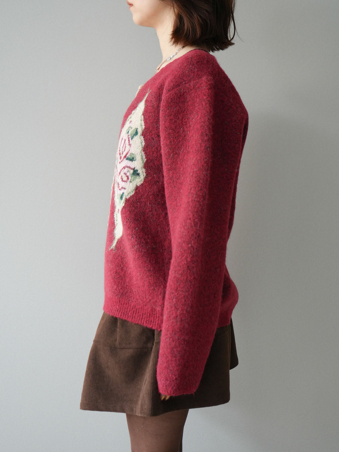 [予約]アンティークフラワージャガードニットカーディガン/red