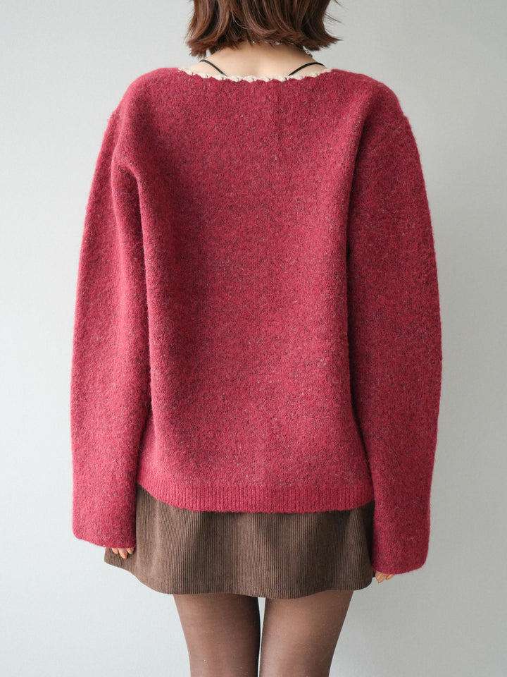 [予約]アンティークフラワージャガードニットカーディガン/red