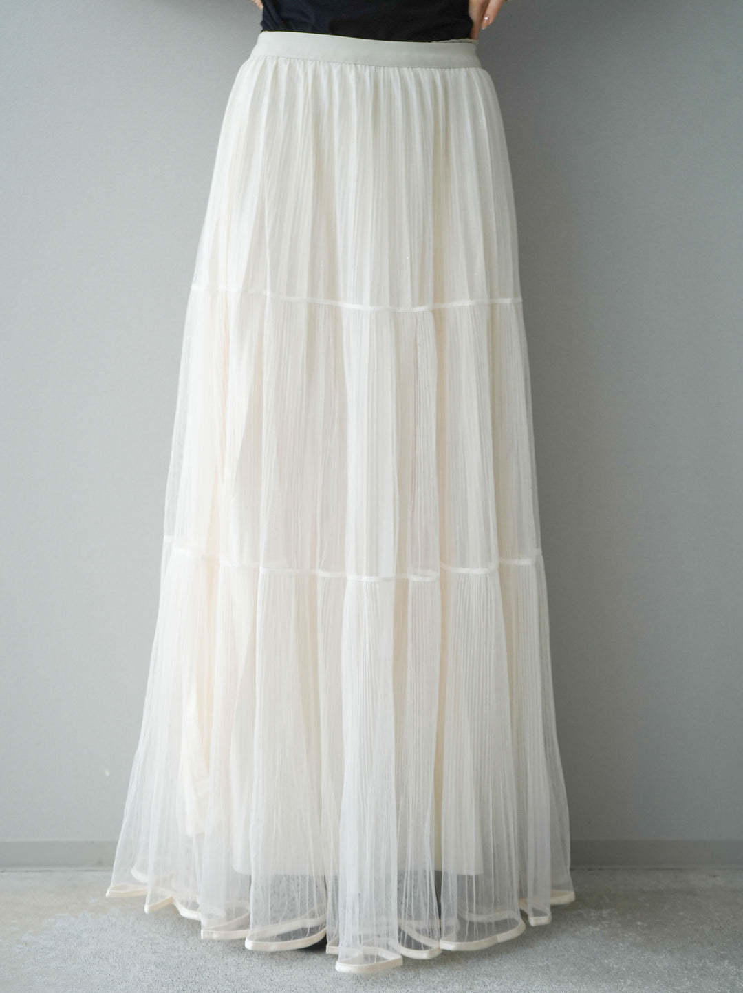 [予約]ラメプリーツレイヤードチュールロングスカート/ivory