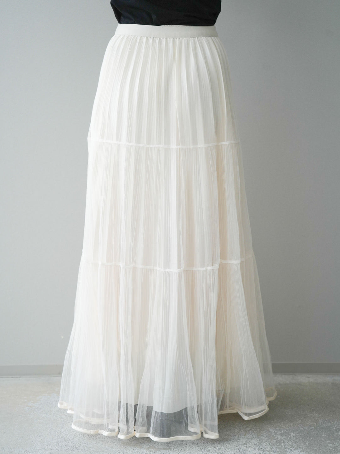 [予約]ラメプリーツレイヤードチュールロングスカート/ivory