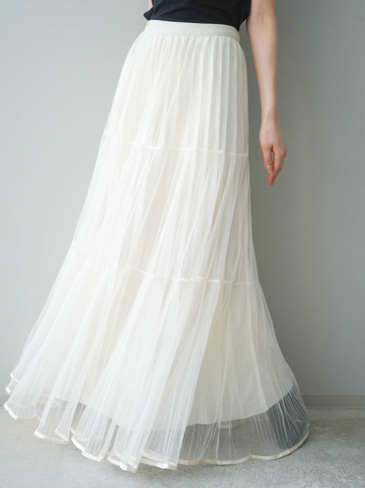 [予約]ラメプリーツレイヤードチュールロングスカート/ivory