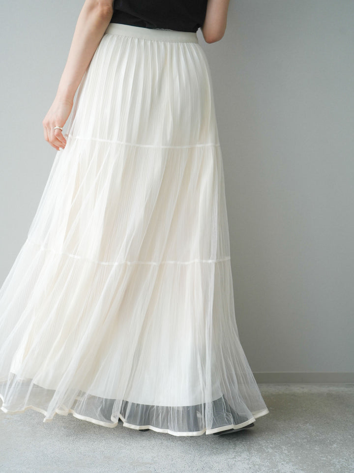 [予約]ラメプリーツレイヤードチュールロングスカート/ivory