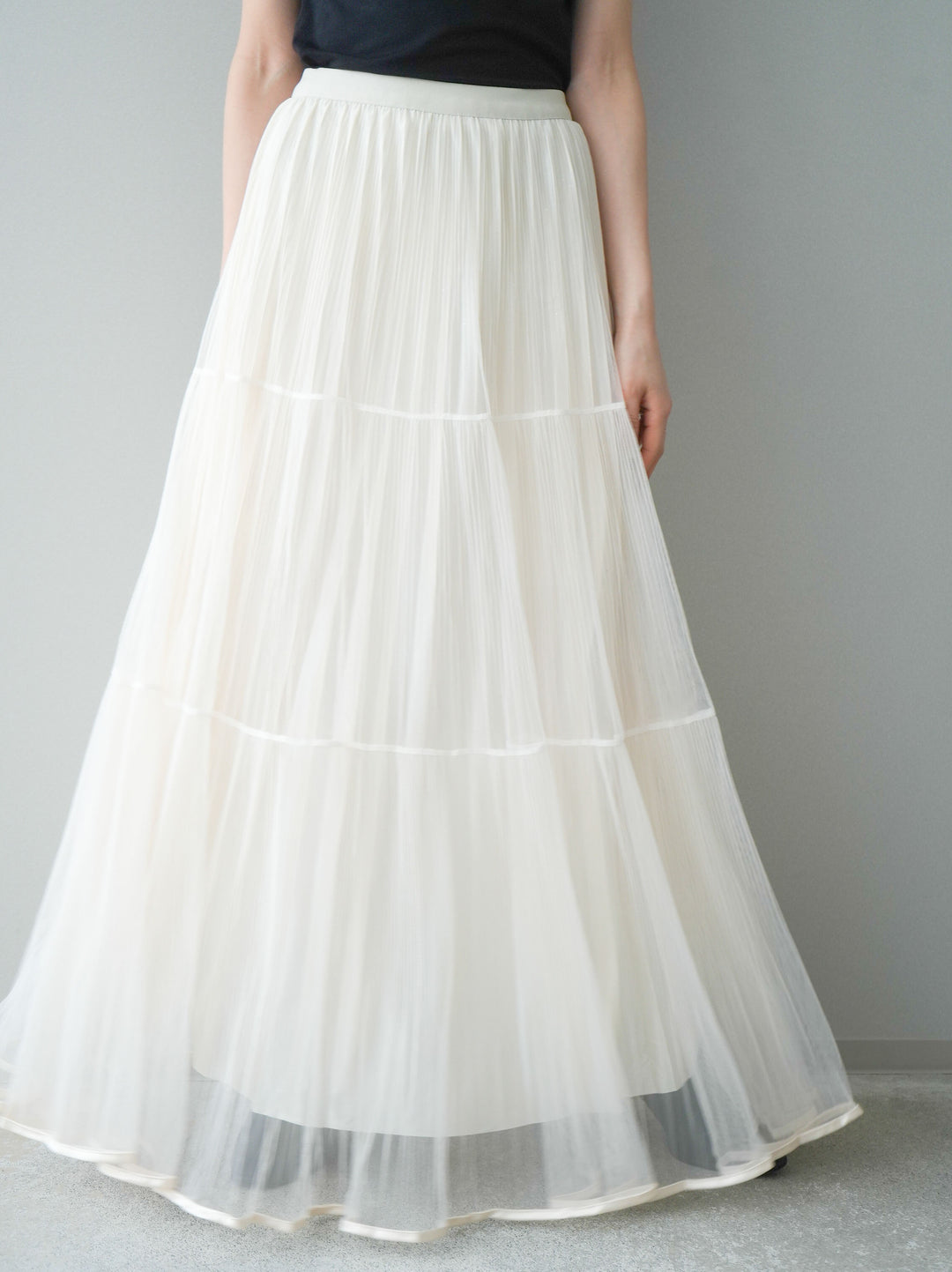 [予約]ラメプリーツレイヤードチュールロングスカート/ivory