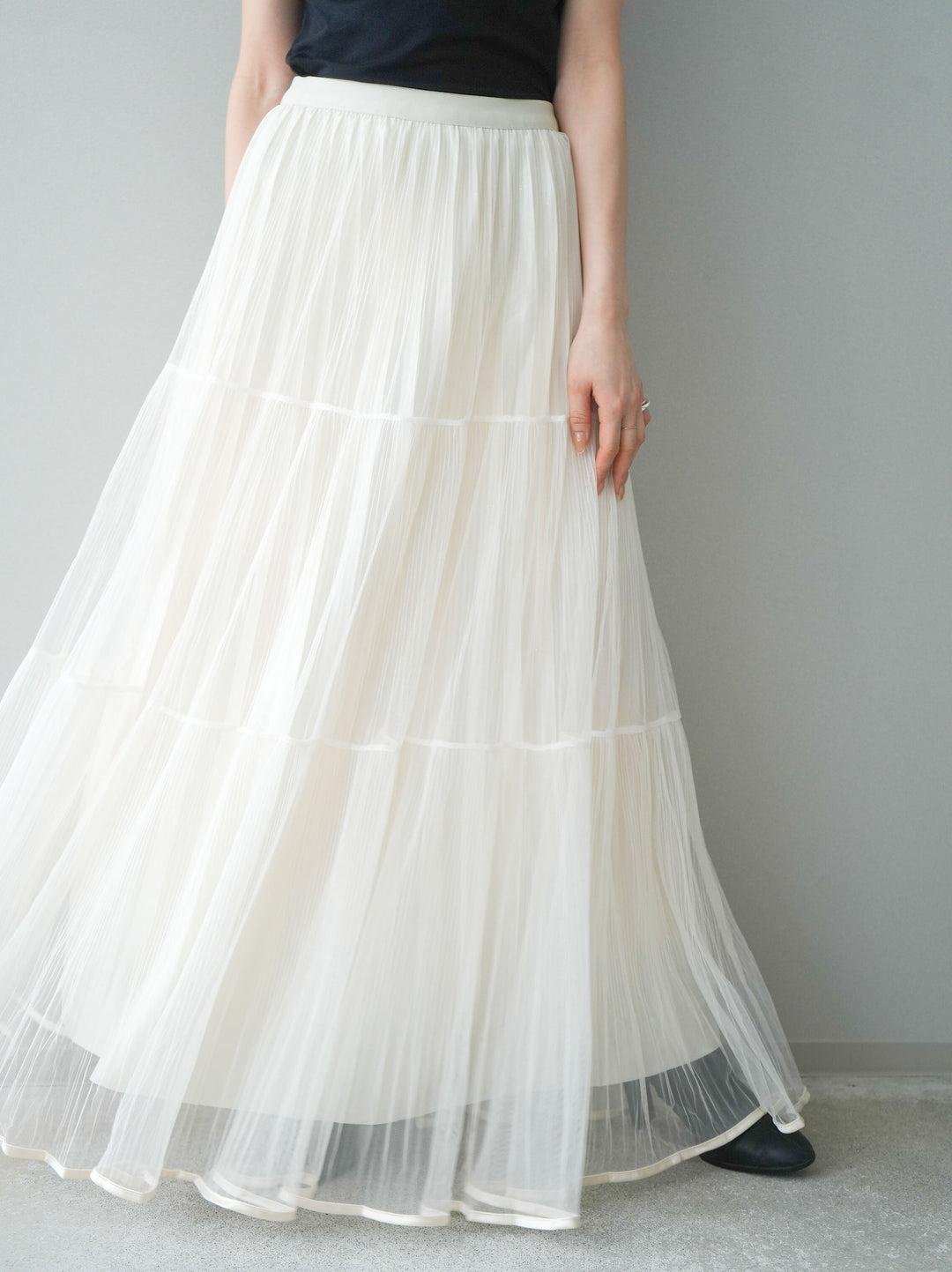 [予約]ラメプリーツレイヤードチュールロングスカート/ivory