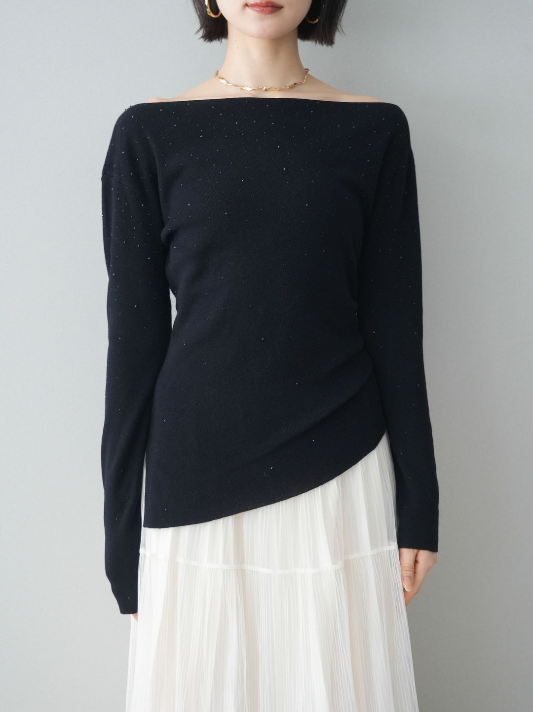 [予約]ラインストーンアシンメトリーニットトップス/black