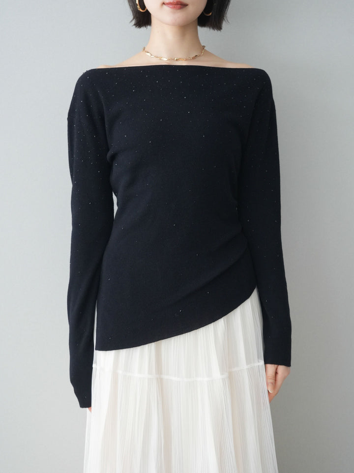 [予約]ラインストーンアシンメトリーニットトップス/black