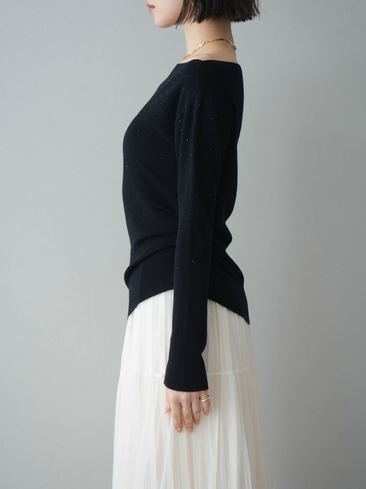 [予約]ラインストーンアシンメトリーニットトップス/black