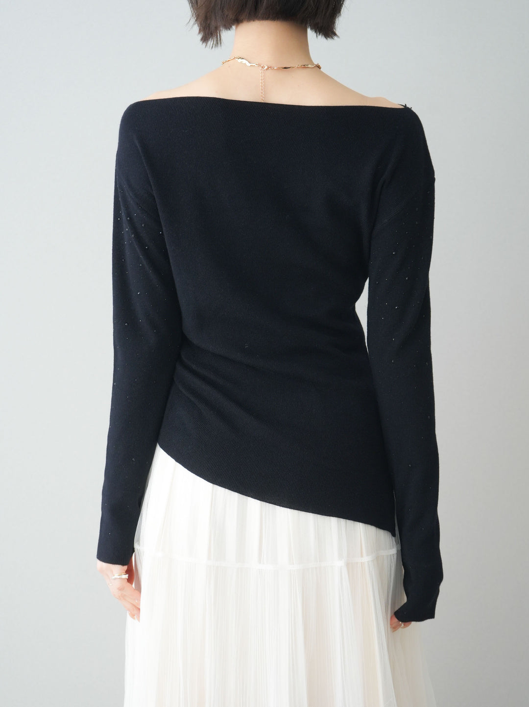 [予約]ラインストーンアシンメトリーニットトップス/black