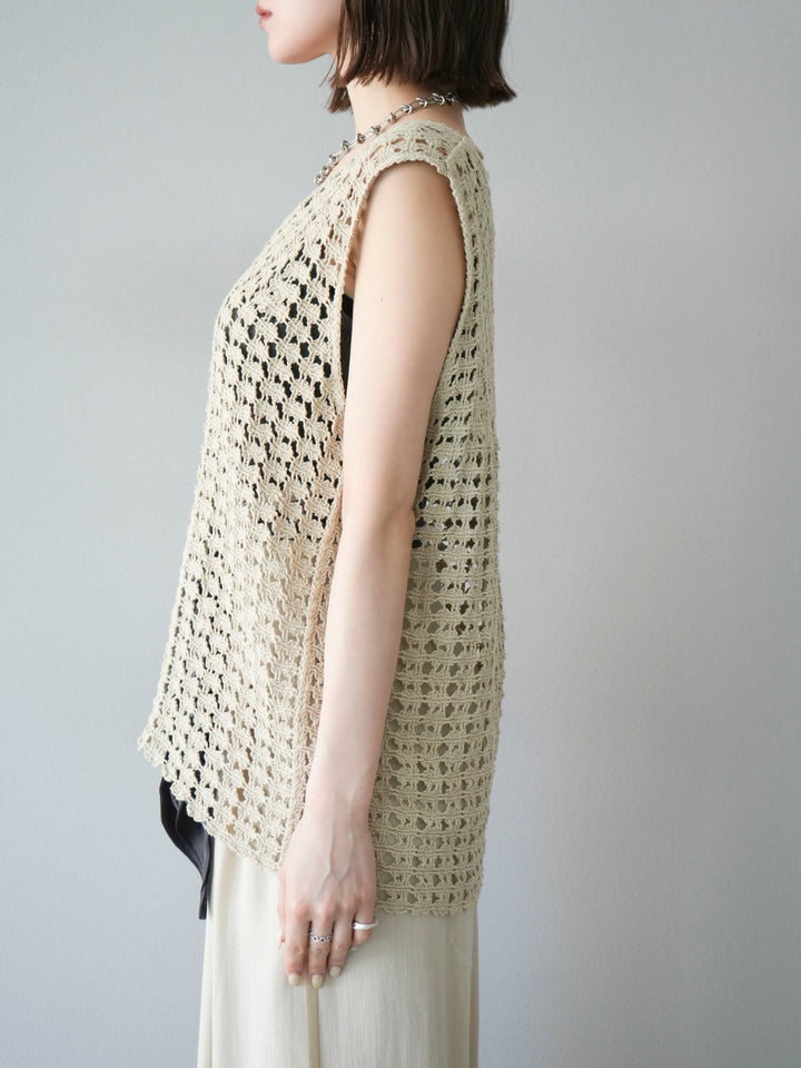 [予約]レースアップクロシェ編みニットベスト/ベージュ
