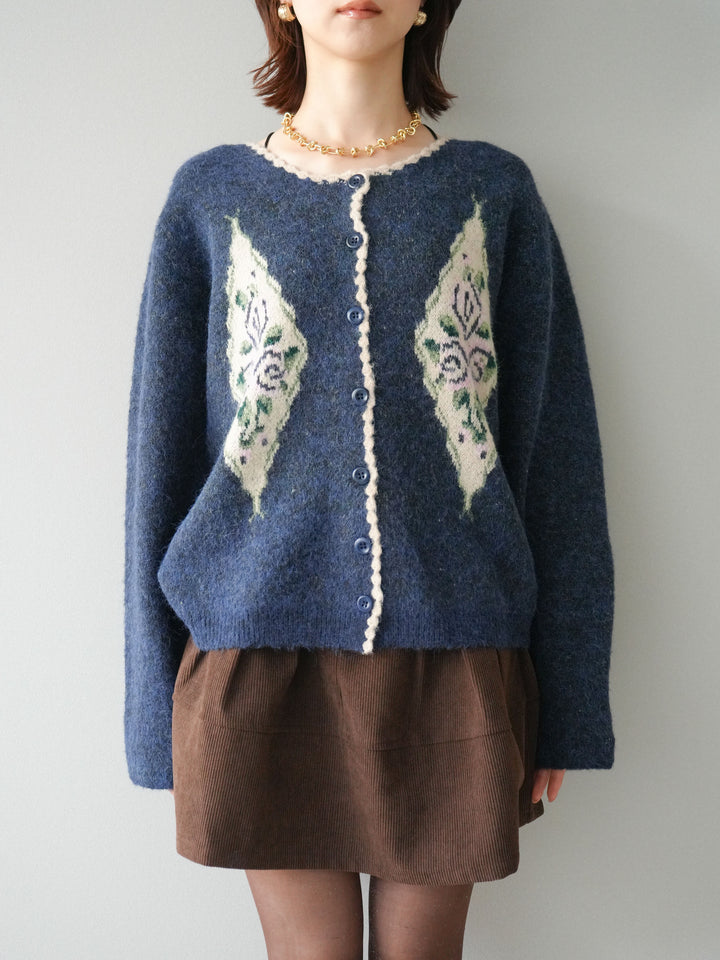 [予約]アンティークフラワージャガードニットカーディガン/navy