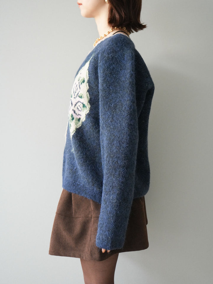 [予約]アンティークフラワージャガードニットカーディガン/navy