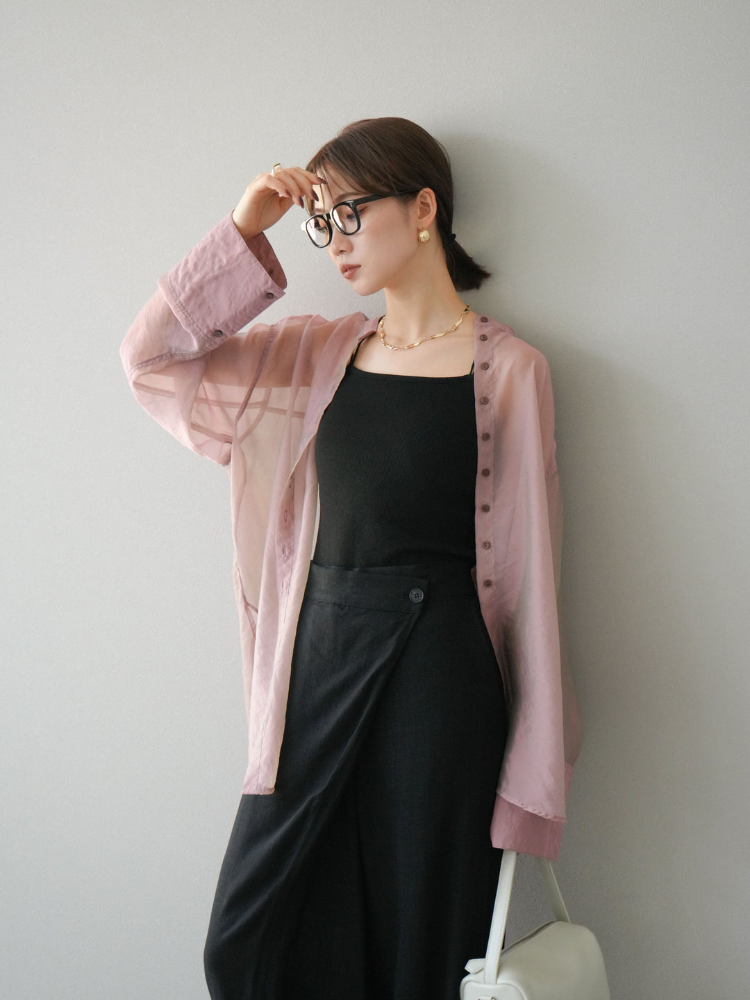 [SET] 亮面透視立領襯衫 + 亮面透視立領襯衫 (2 件套)