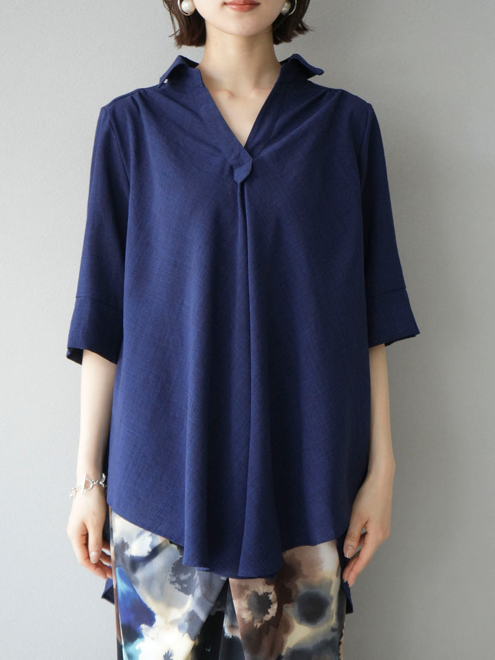 [Pre-order] Linen-touch half-sleeve skipper shirt/navy