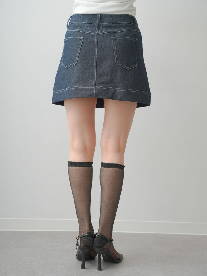 [予約]ペチ付デニムミニスカート/navy