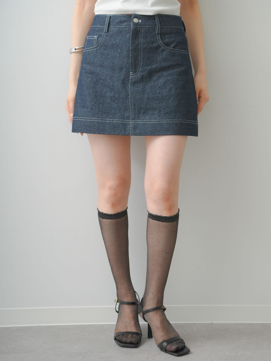 [予約]ペチ付デニムミニスカート/navy