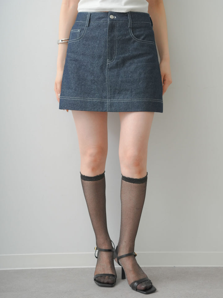 [予約]ペチ付デニムミニスカート/navy