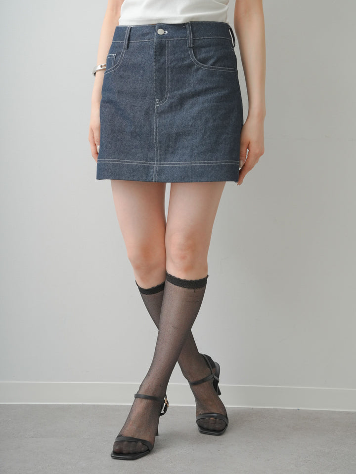 [予約]ペチ付デニムミニスカート/navy
