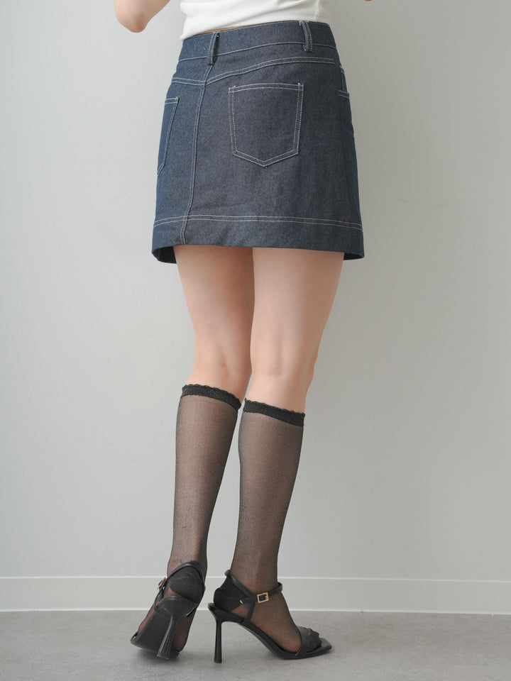 [予約]ペチ付デニムミニスカート/navy