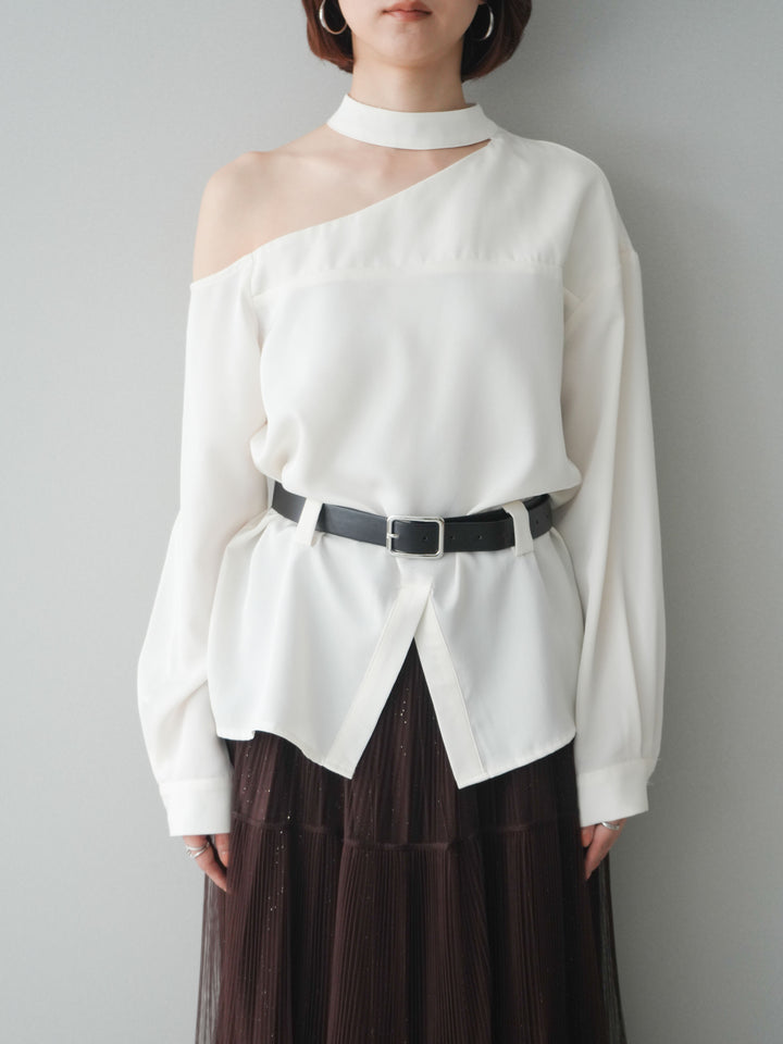 [予約]ベルト付ワンショルダースリットブラウス/ivory