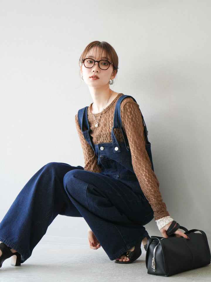 [予約]袖配色カットレーストップス/ブラウン