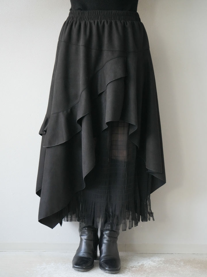 [予約]アシンメトリースエード異素材スカート/ブラック