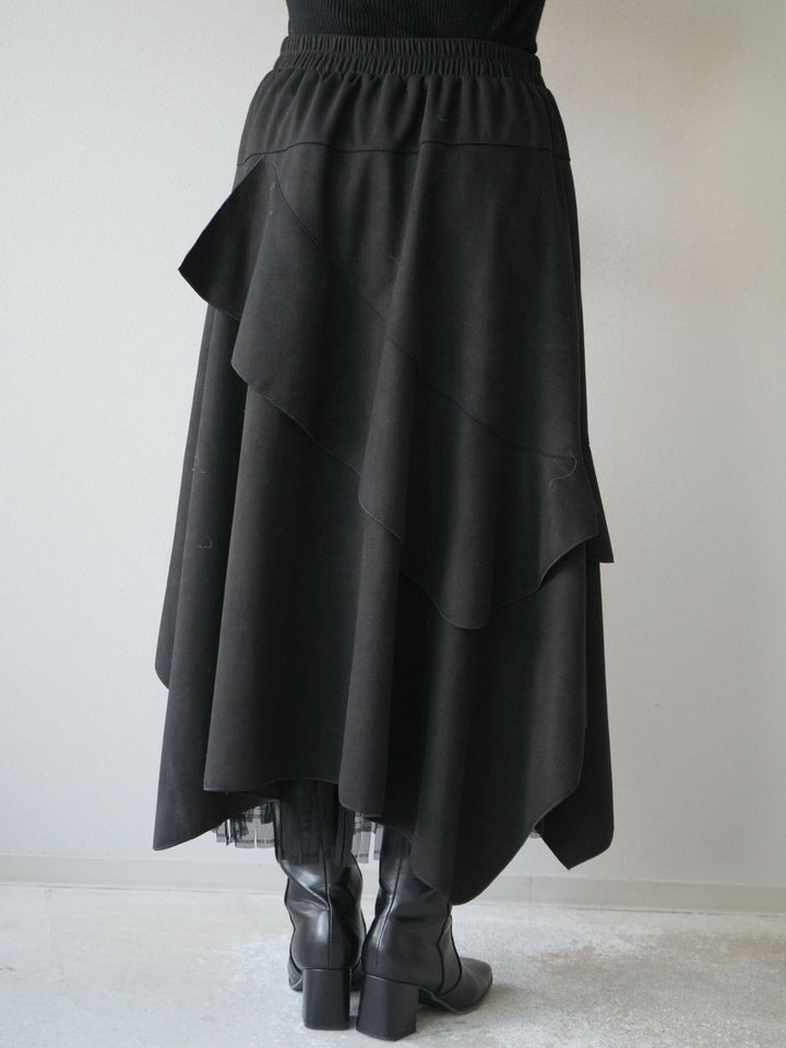 [予約]アシンメトリースエード異素材スカート/ブラック