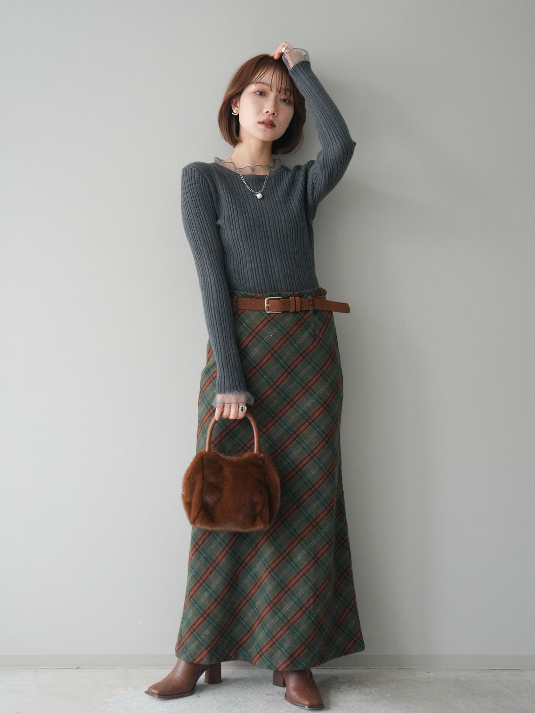 [予約]ベルト付チェック柄ナロースカート/green