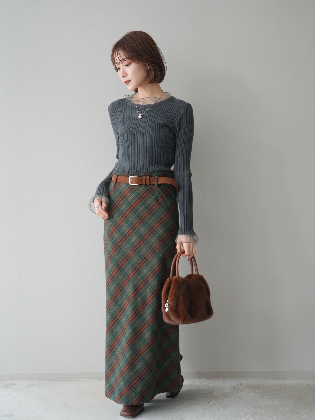 [予約]ベルト付チェック柄ナロースカート/green