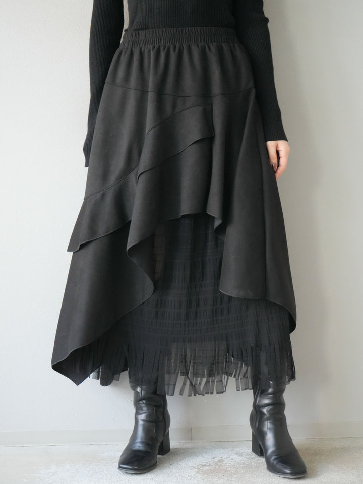 [予約]アシンメトリースエード異素材スカート/ブラック