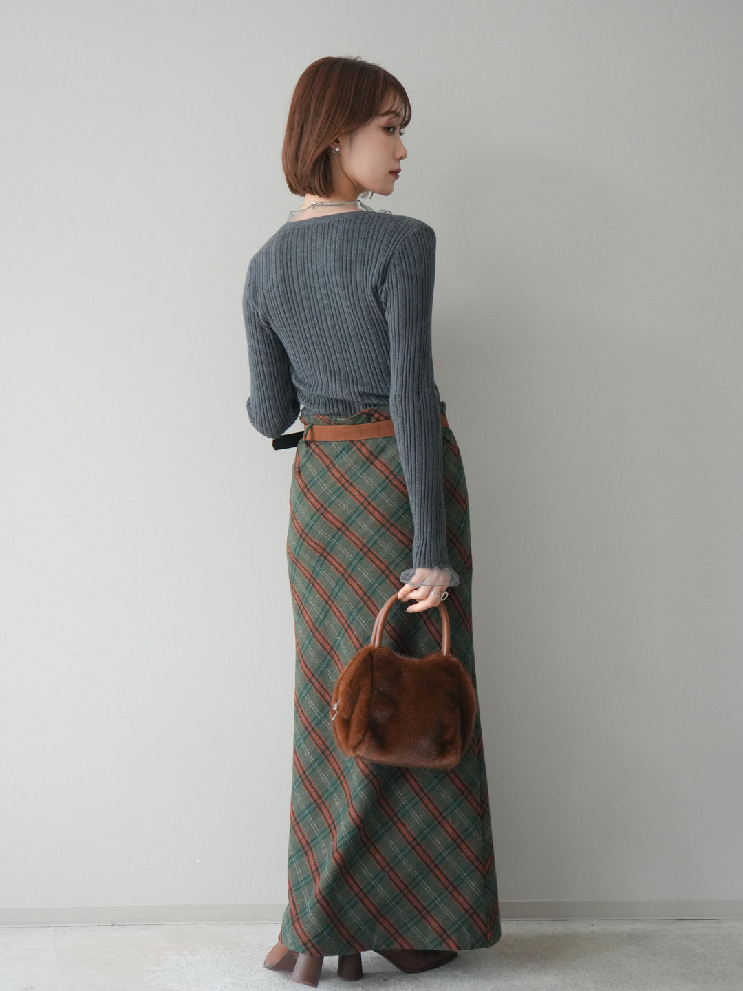 [予約]ベルト付チェック柄ナロースカート/green