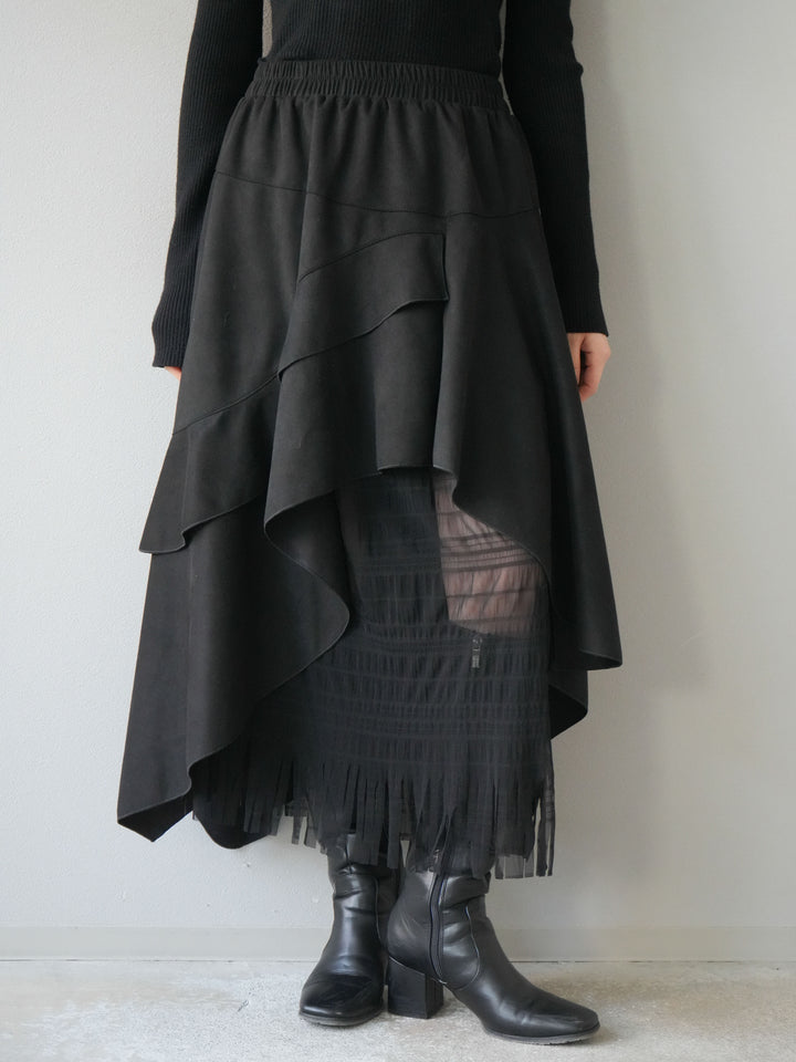 [予約]アシンメトリースエード異素材スカート/ブラック