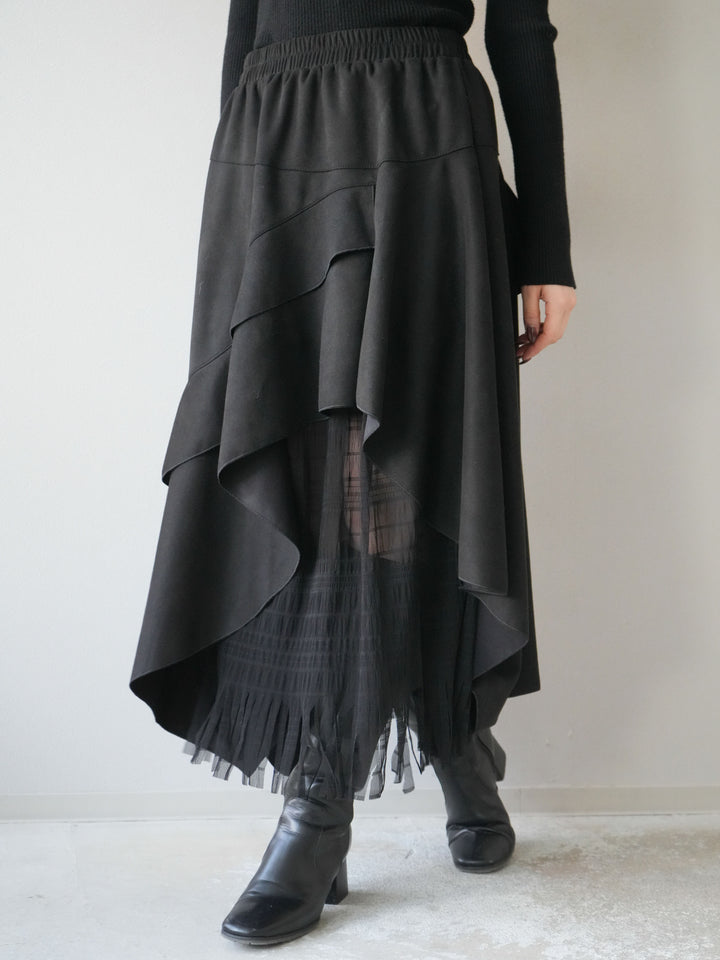 [予約]アシンメトリースエード異素材スカート/ブラック