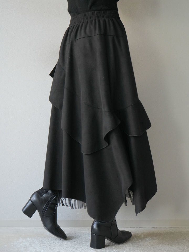 [予約]アシンメトリースエード異素材スカート/ブラック