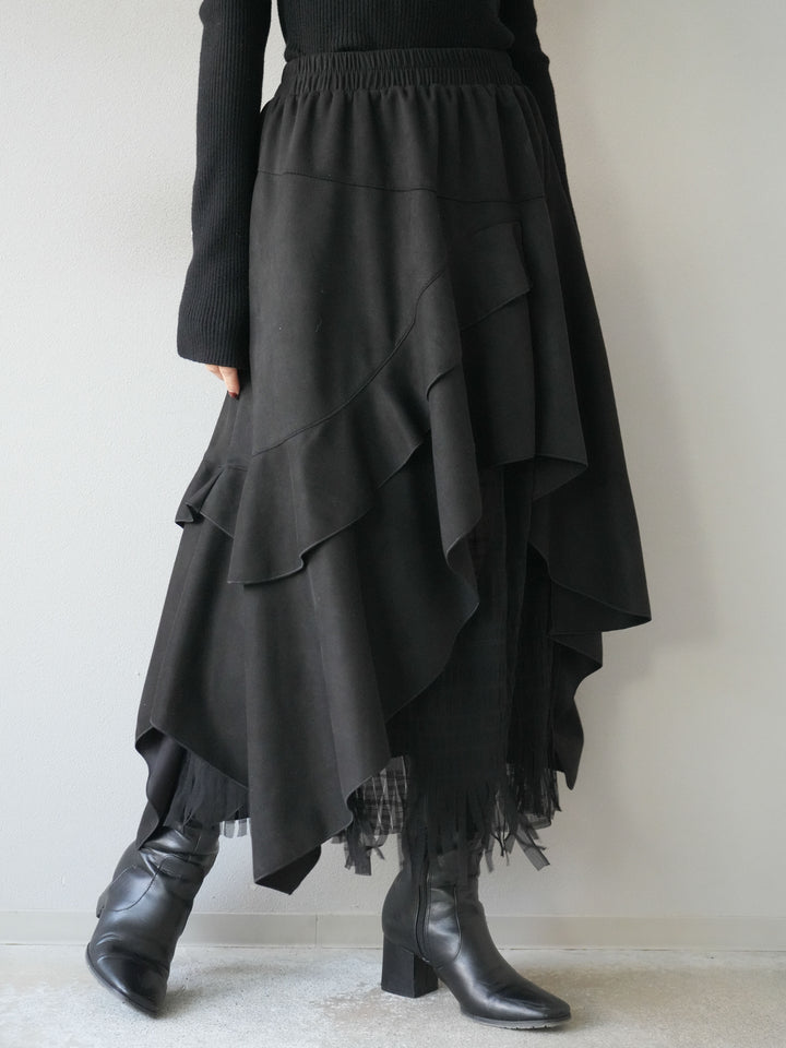 [予約]アシンメトリースエード異素材スカート/ブラック