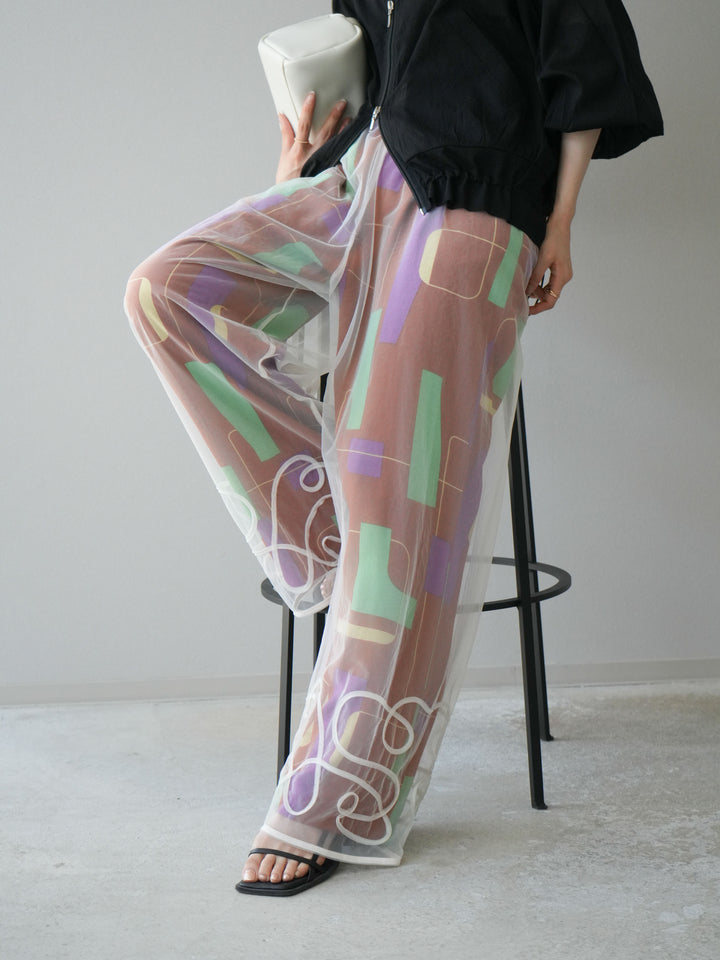 [予約]コード刺繍チュールレイヤードパンツ/オフ