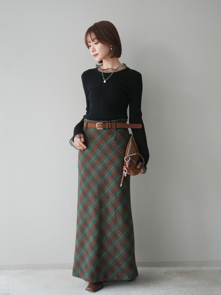 [予約]ベルト付チェック柄ナロースカート/green