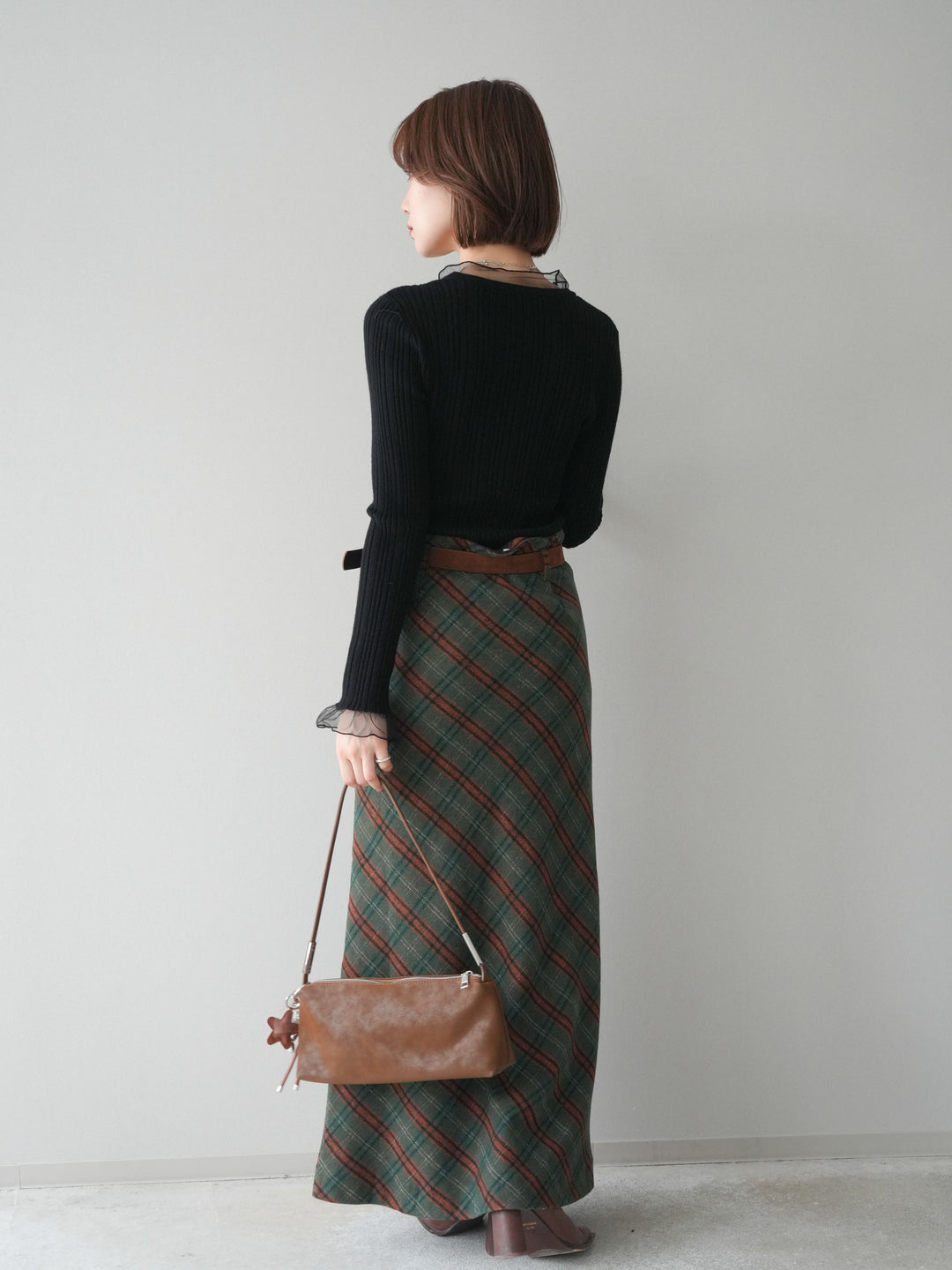 [予約]ベルト付チェック柄ナロースカート/green
