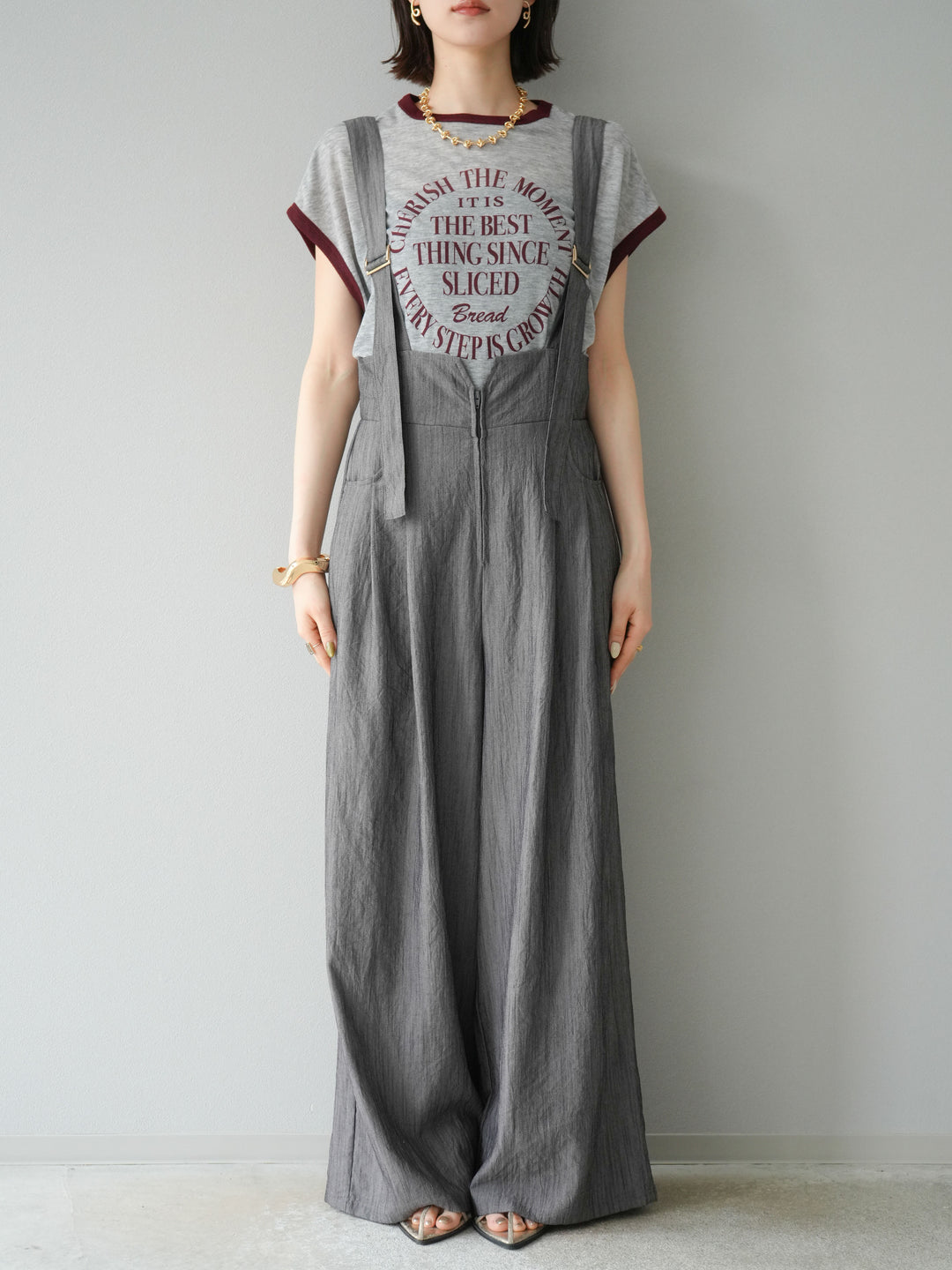 [予約]ストリングデザインハイウエストサロペット/チャコール