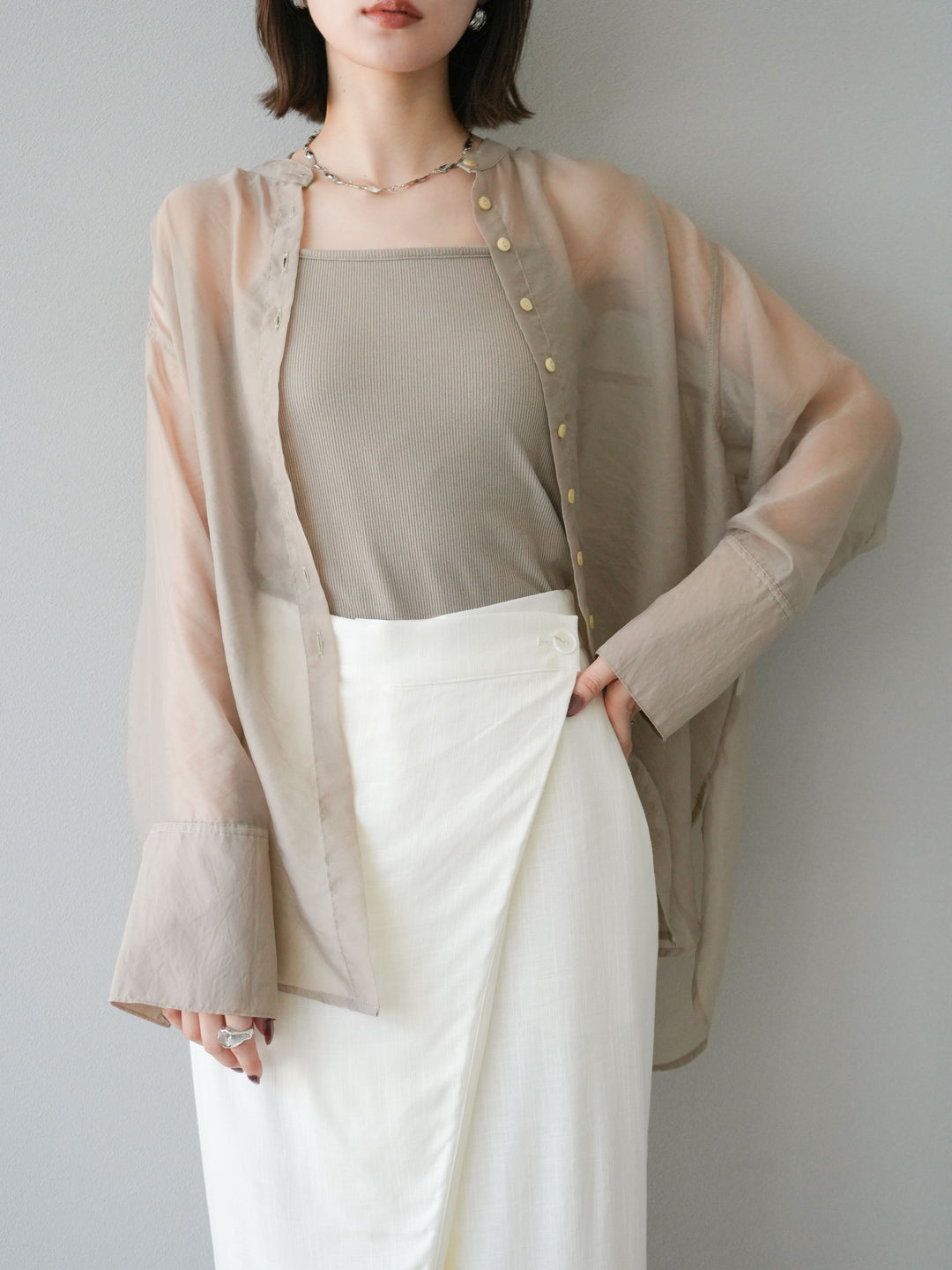 [SET] 亮面透視立領襯衫 + 亮面透視立領襯衫 (2 件套)