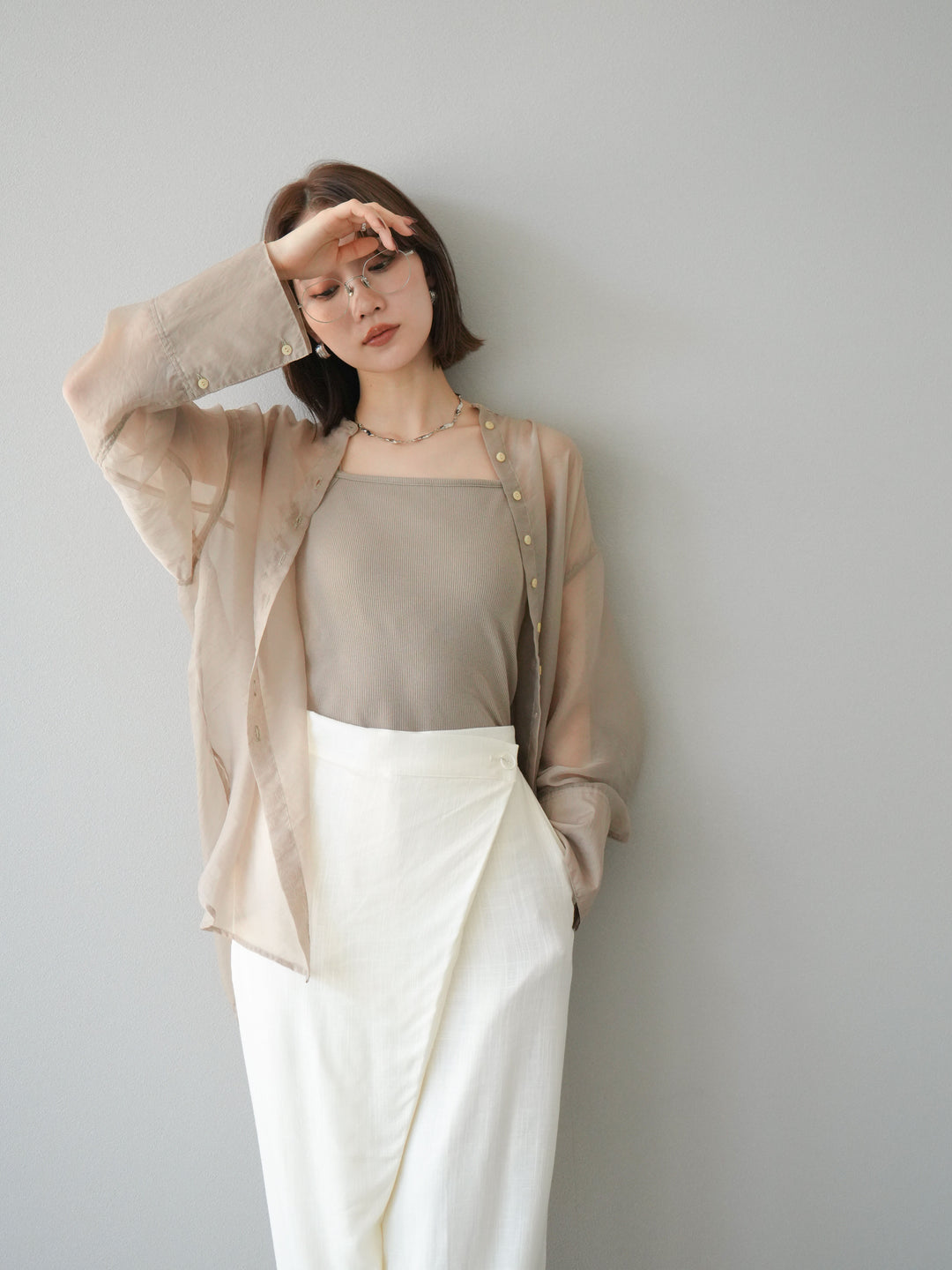 [SET] 亮面透視立領襯衫 + 亮面透視立領襯衫 (2 件套)