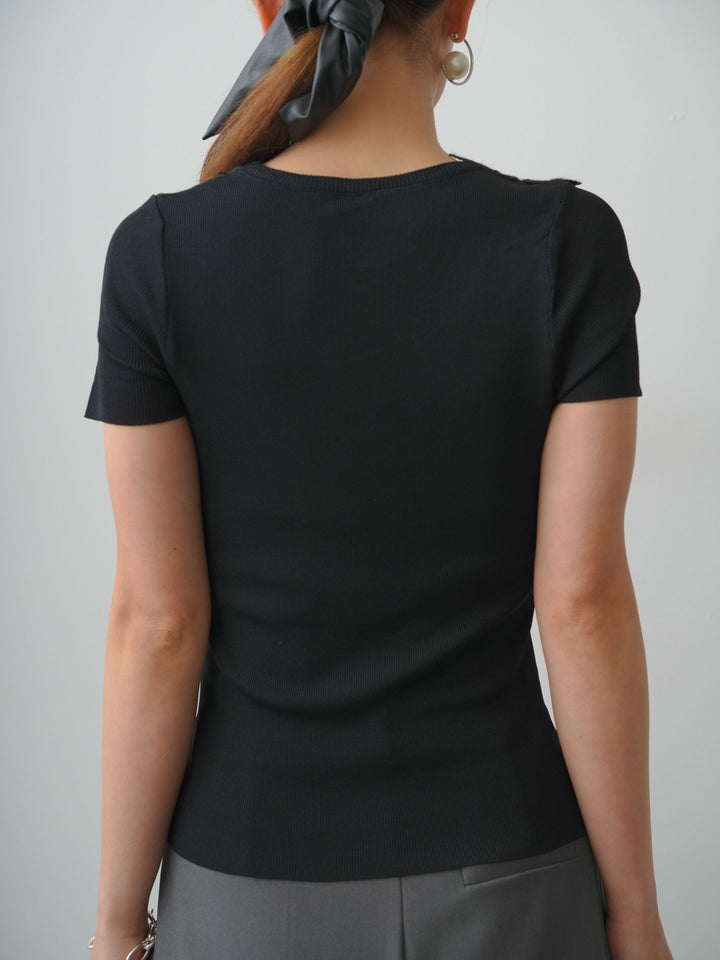 [予約]アシメフラワーレースVネック半袖ニットトップス/black