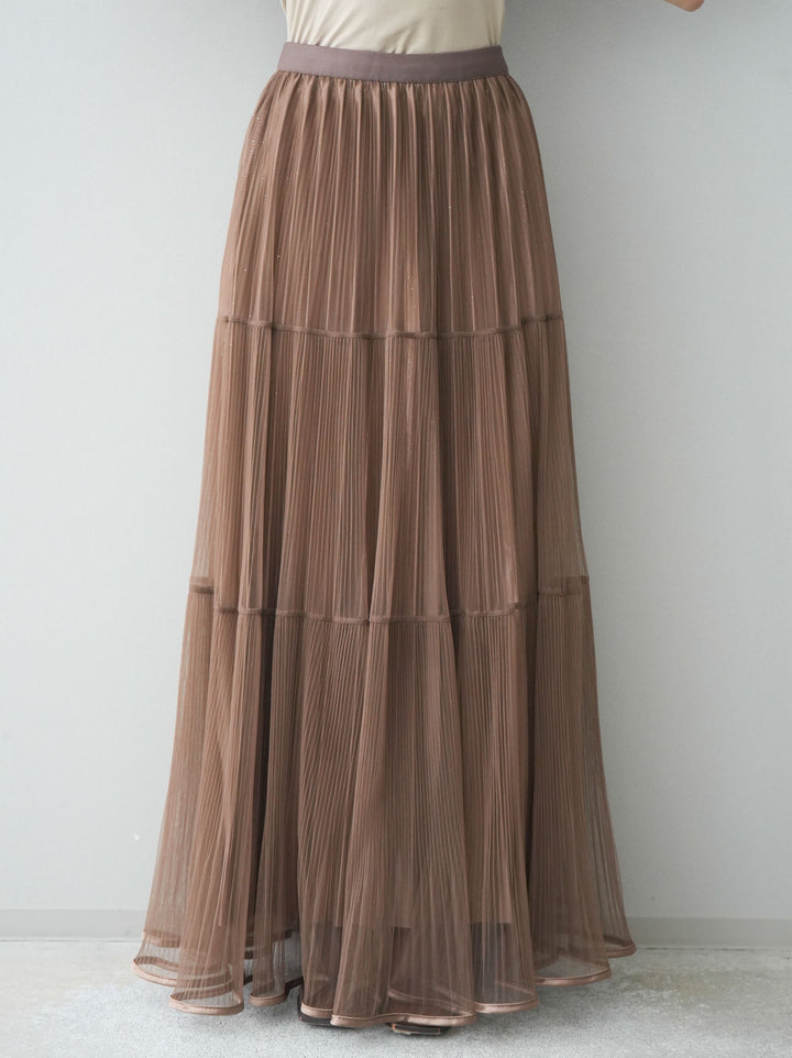 [予約]ラメプリーツレイヤードチュールロングスカート/mocha