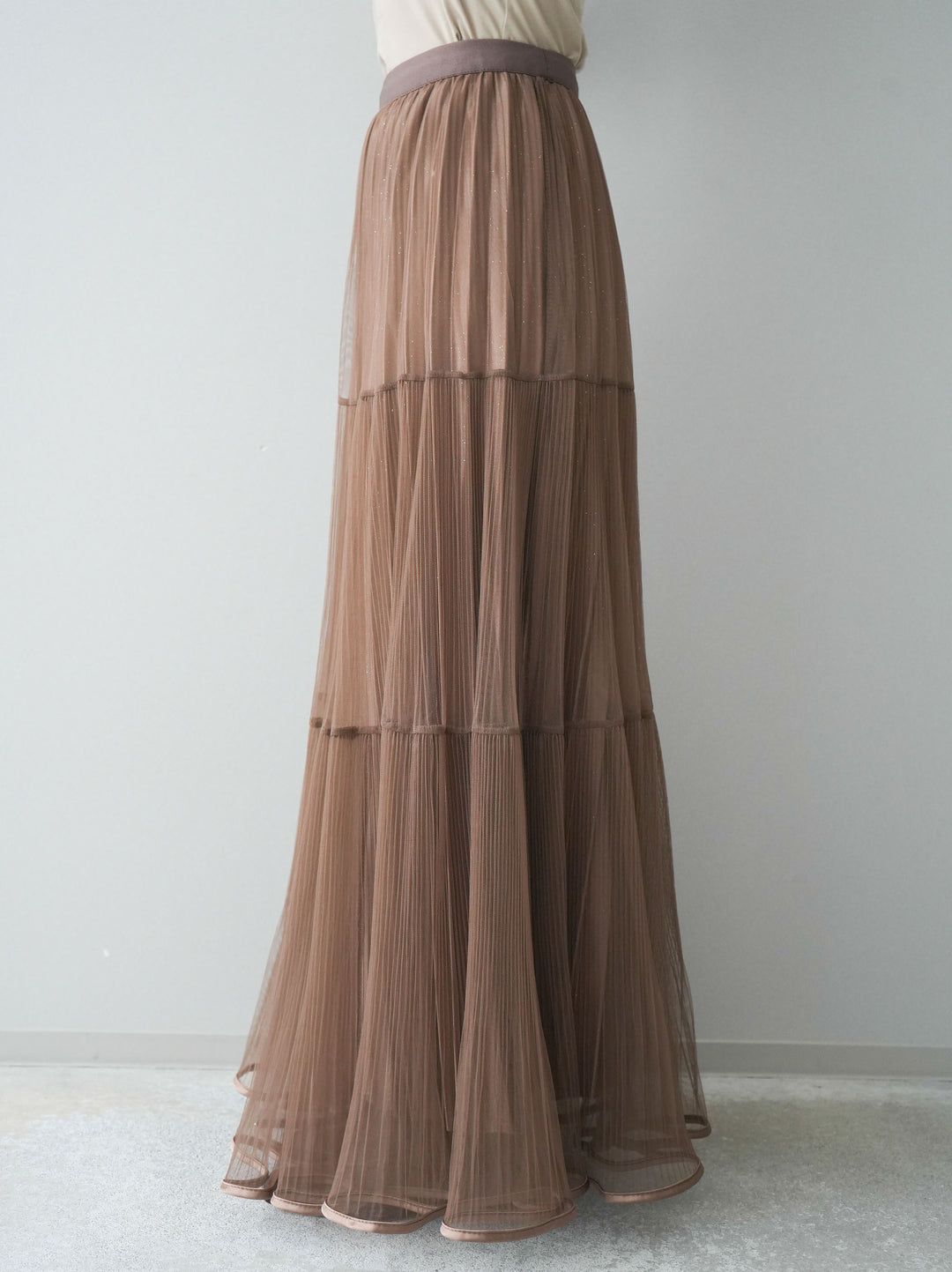 [予約]ラメプリーツレイヤードチュールロングスカート/mocha