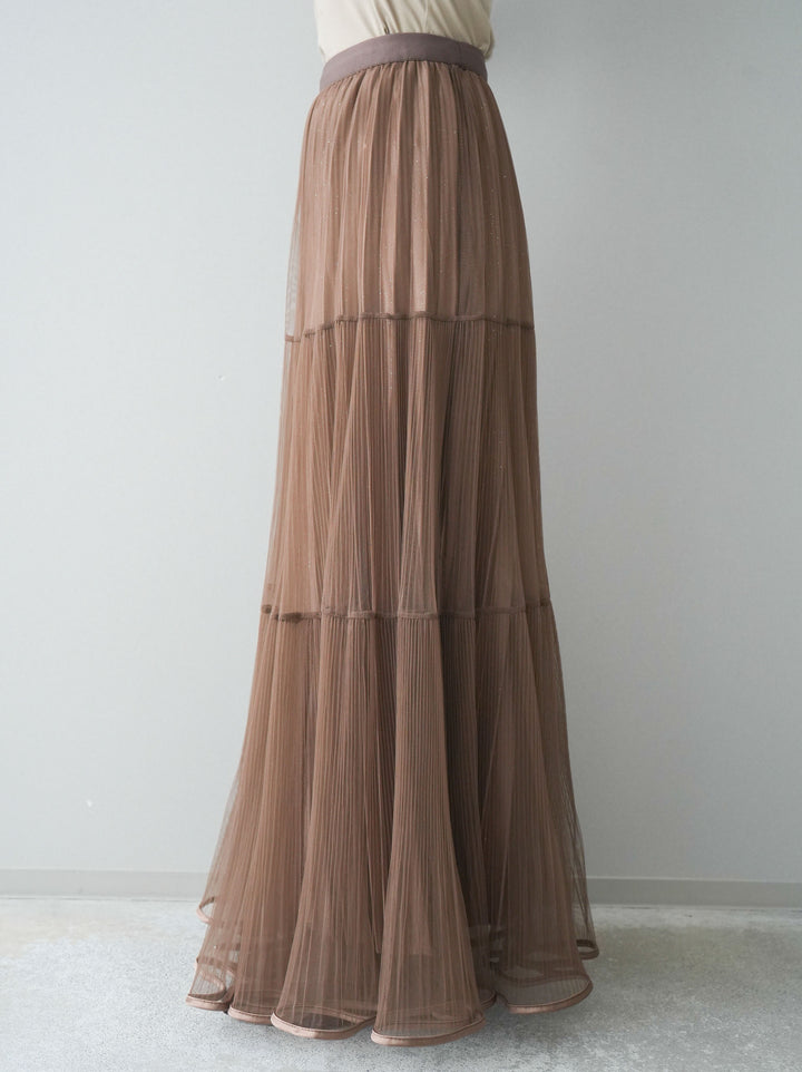 [予約]ラメプリーツレイヤードチュールロングスカート/mocha